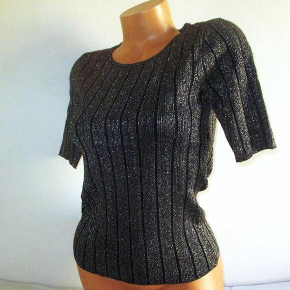 T Tahari Black Gold Shimmer Lurex Ribbed Knit Sweater Top SMALL Metallic nwt - Picture 1 of 6